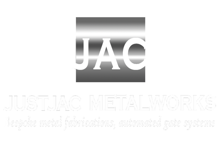Automated gates Kent. Metal driveway gates, railings, security grilles and bespoke metalwork. JUSTJAC logo.